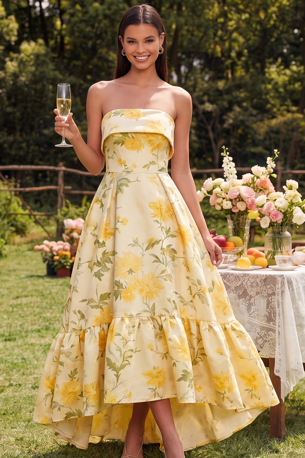 Yellow Floral Strapless A Line Maxi Wedding Guest Dress