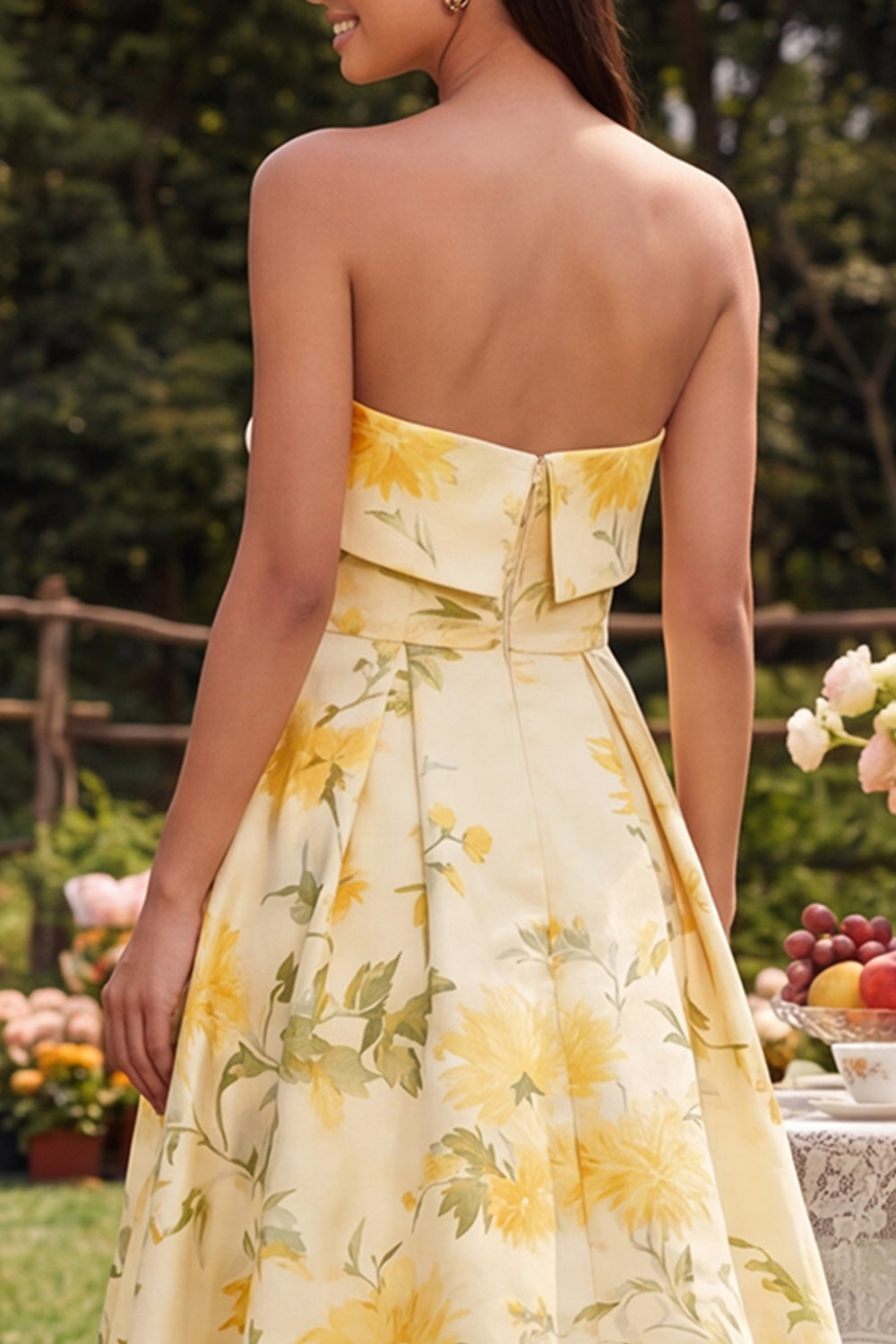 Yellow Floral Strapless A Line Maxi Wedding Guest Dress