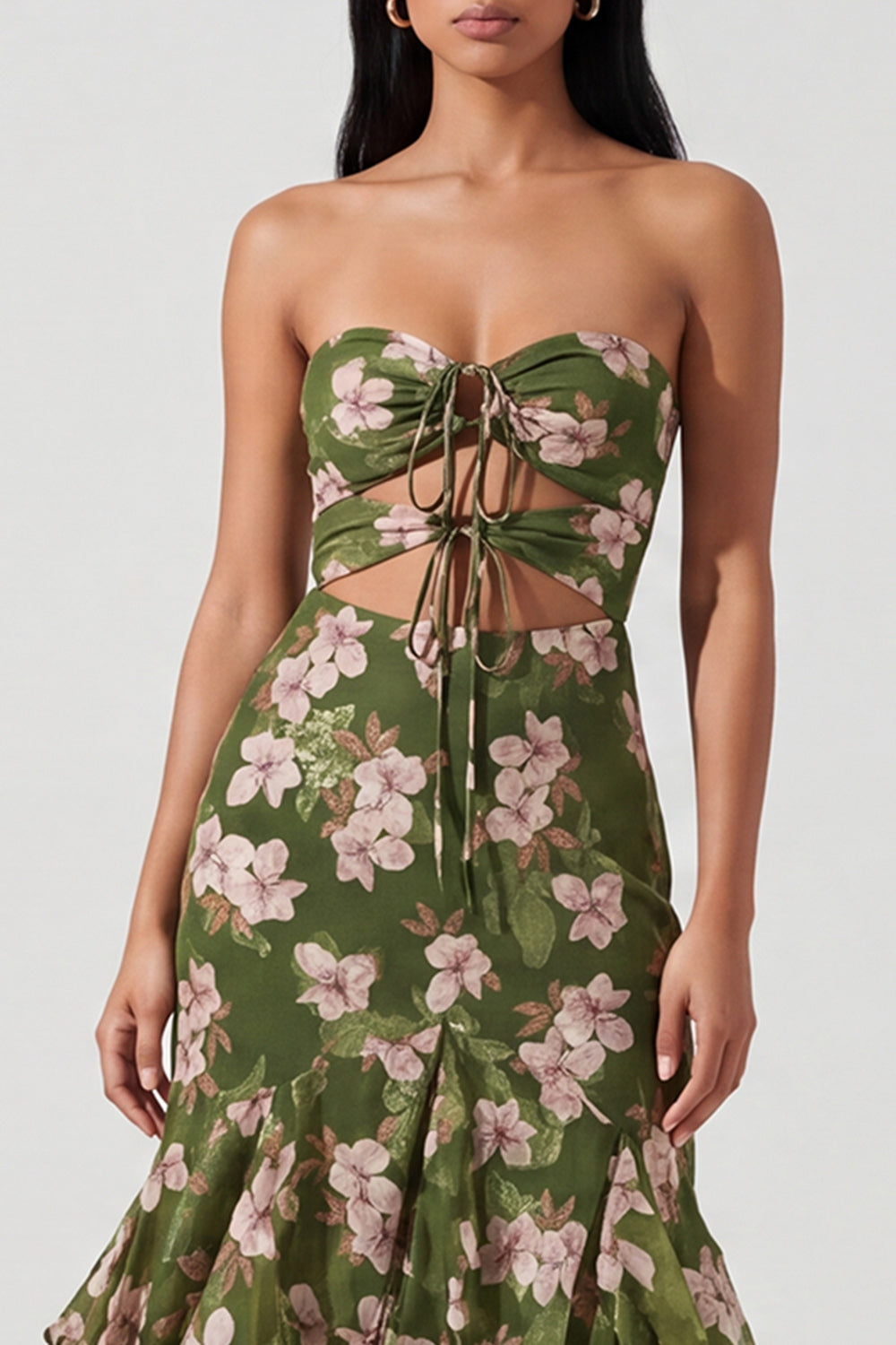 Dark Green Mermaid Floral Maxi Wedding Guest Dress with Keyhole