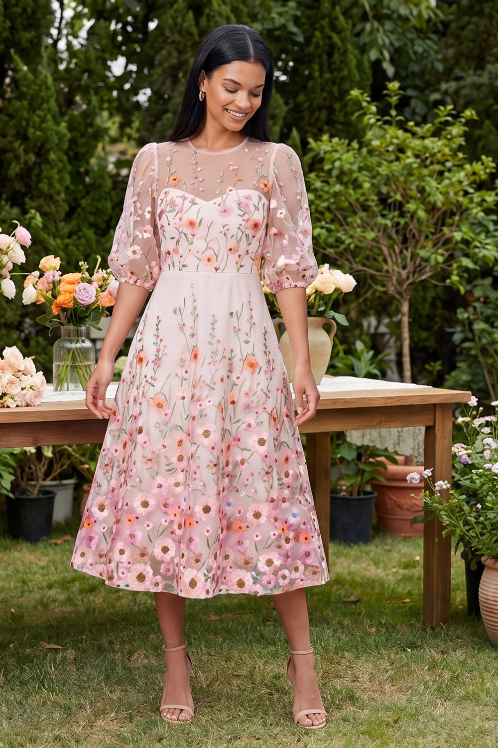 Floral Round Neck Pink A Line Puff Sleeves Maxi Beach Wedding Guest Dress