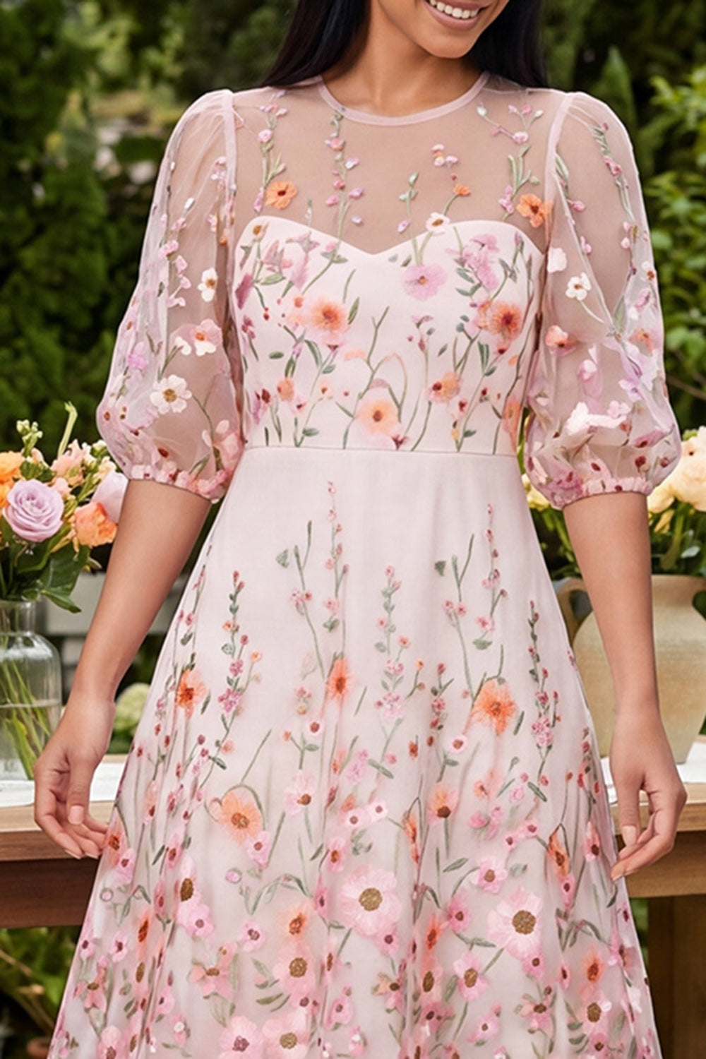 Floral Round Neck Pink A Line Puff Sleeves Maxi Beach Wedding Guest Dress