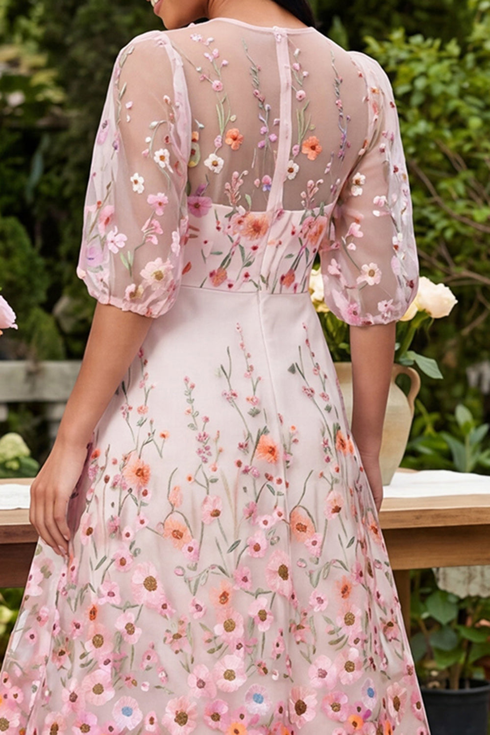 Floral Round Neck Pink A Line Puff Sleeves Maxi Beach Wedding Guest Dress