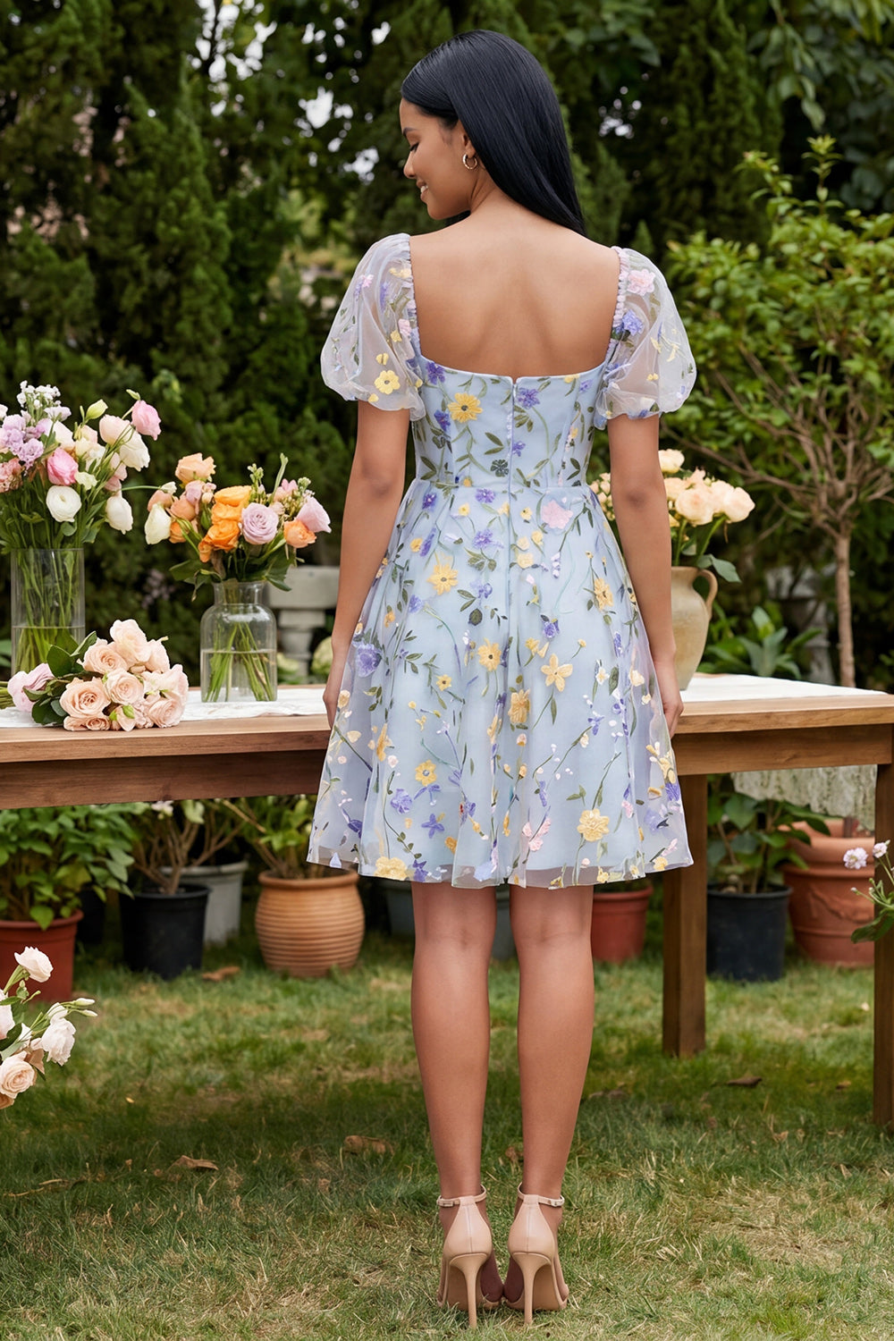 Blue Flower Square Neck A Line Short Wedding Guest Dress with Sleeves