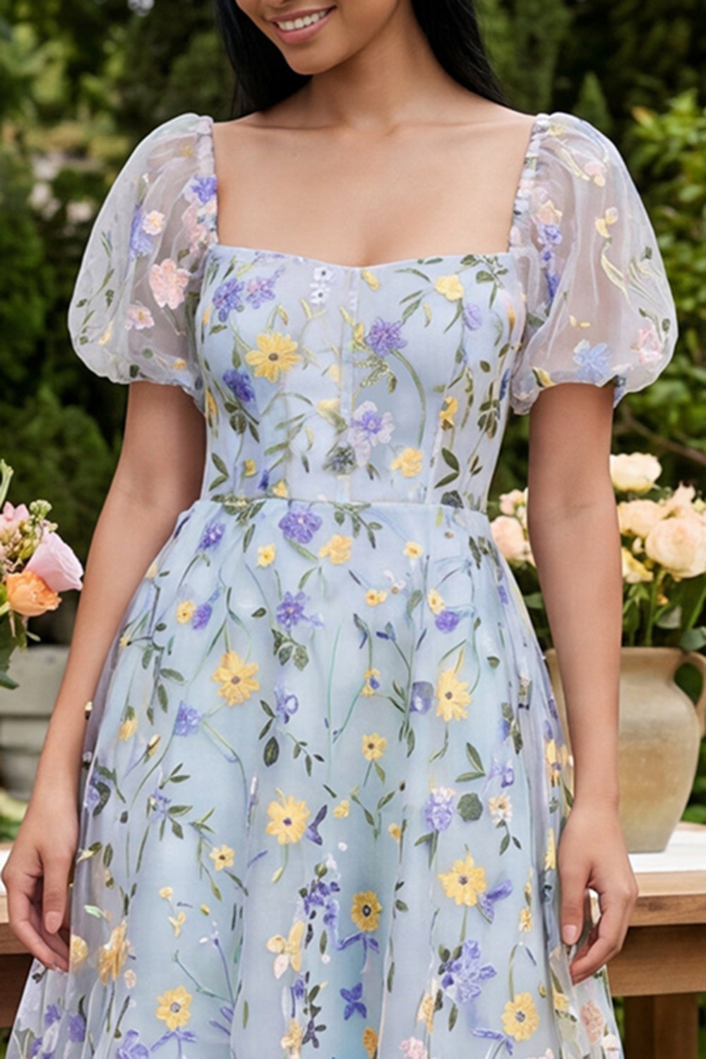 Blue Flower Square Neck A Line Short Wedding Guest Dress with Sleeves