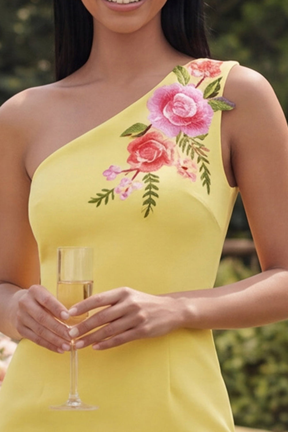 Butter Yellow One Shoulder Floral Bodycon Mini Wedding Guest Dress