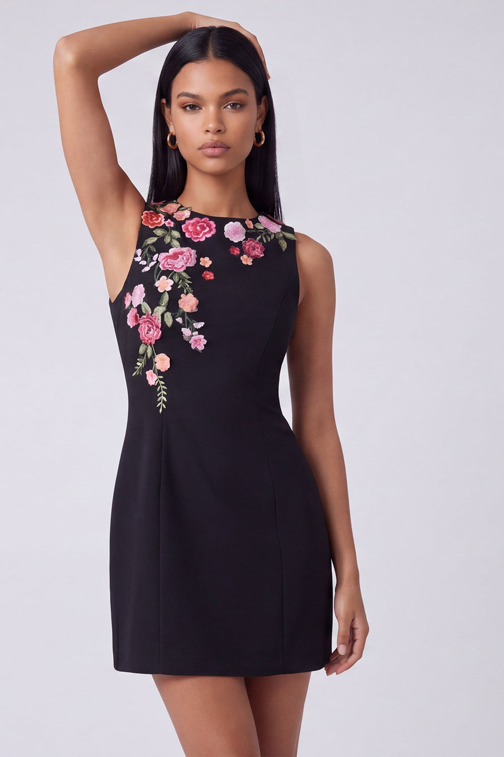 Black Round Neck Floral Sleeveless Short Wedding Guest Dress