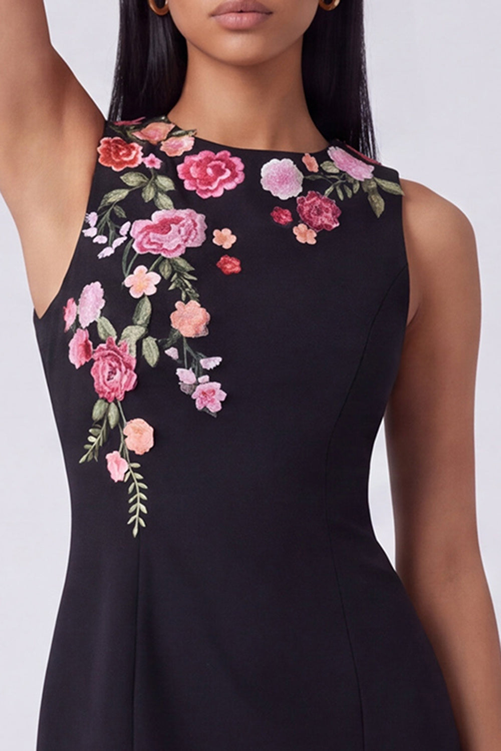 Black Round Neck Floral Sleeveless Short Wedding Guest Dress