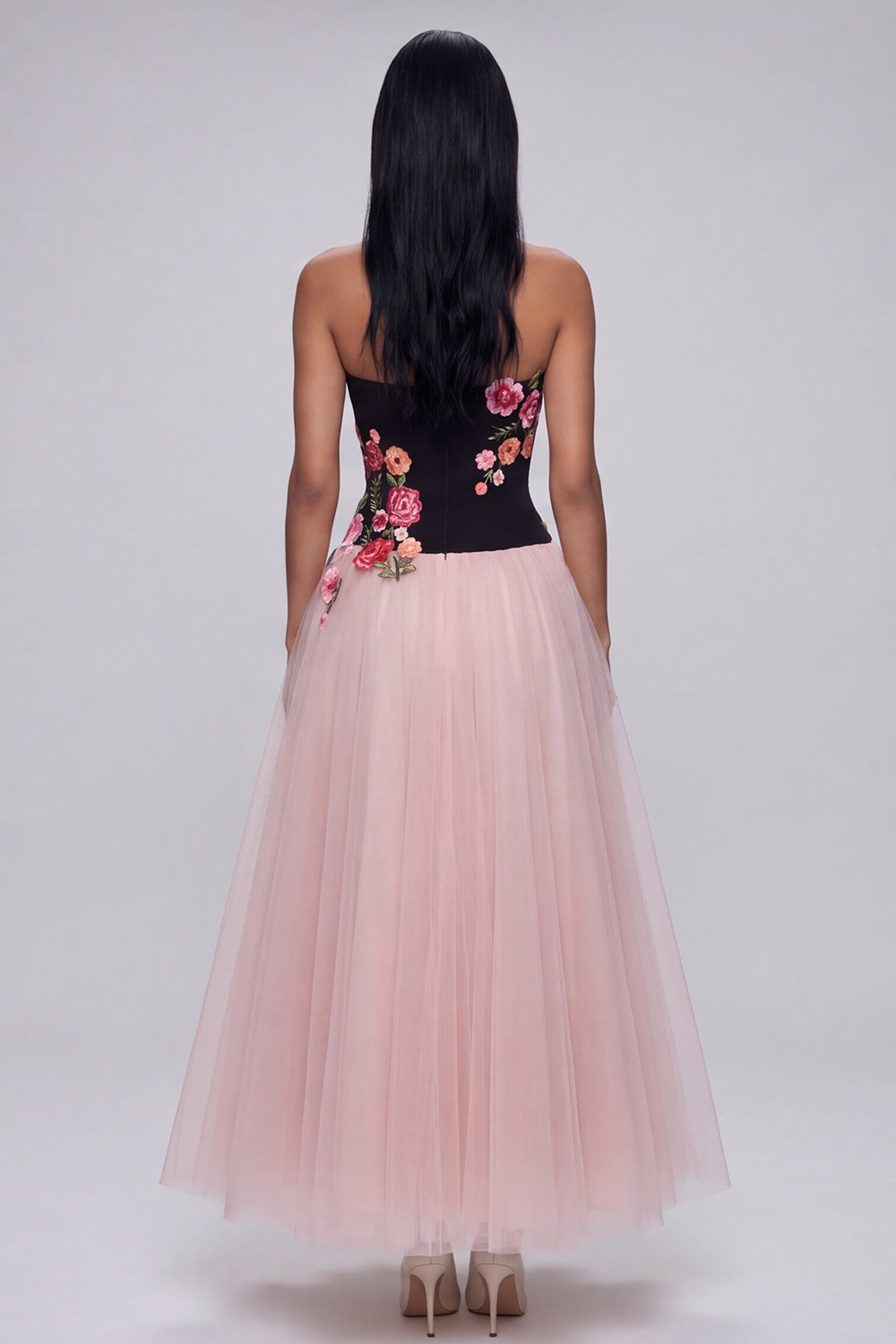 Black and Pink Strapless Tulle Floral A Line Maxi Beach Wedding Guest Dress