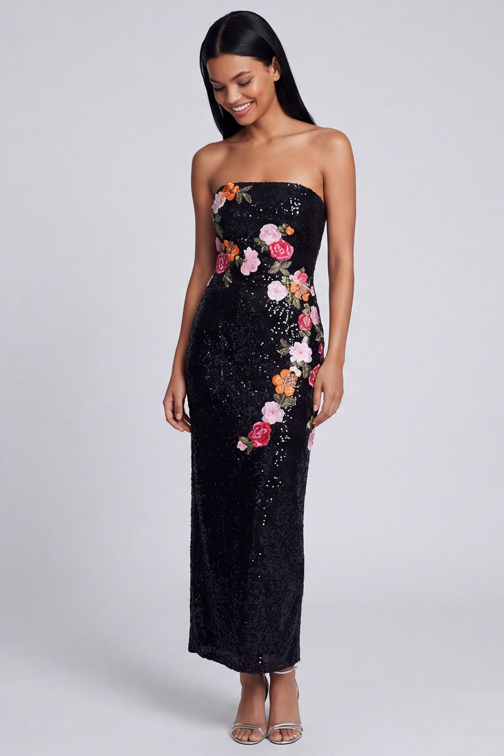 Sparkly Black Sheath Sequins Floral Strapless Maxi Beaded Wedding Guest Dress