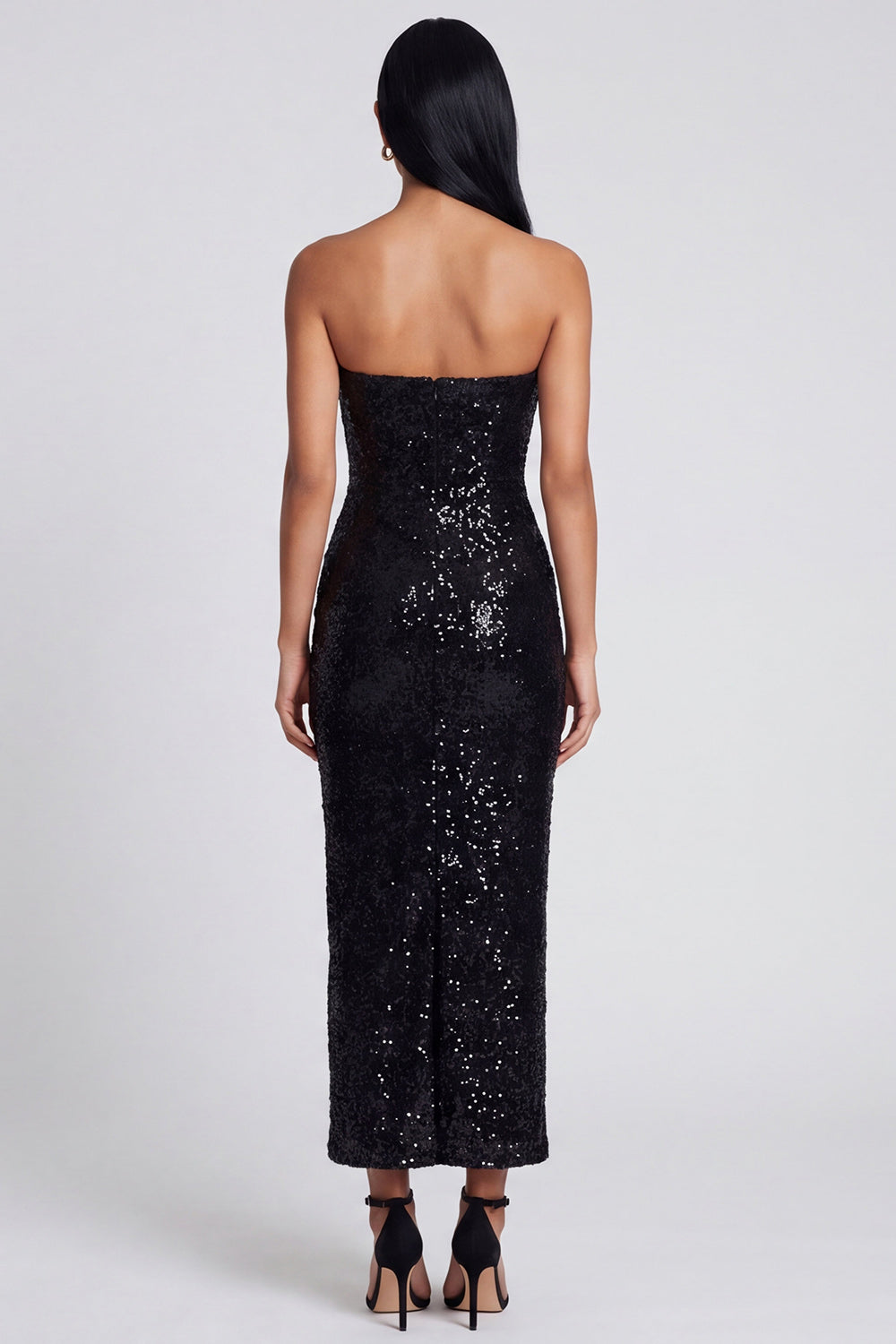Sparkly Black Sheath Sequins Floral Strapless Maxi Beaded Wedding Guest Dress