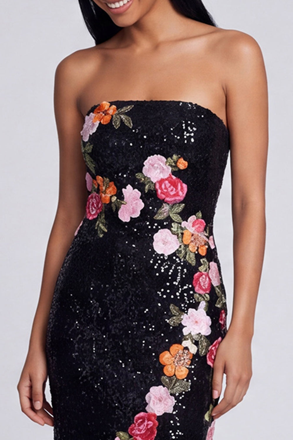 Sparkly Black Sheath Sequins Floral Strapless Maxi Beaded Wedding Guest Dress