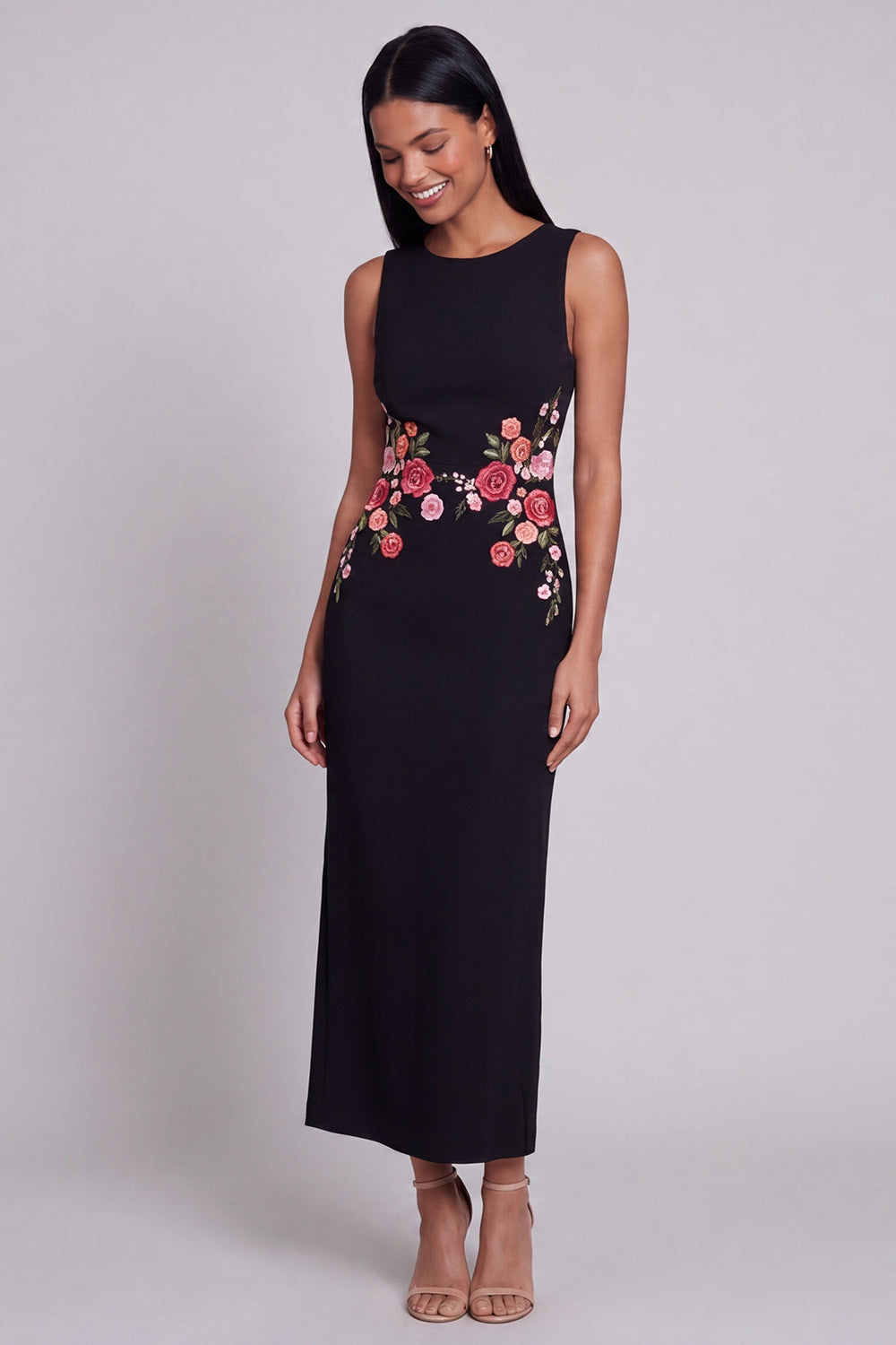 Floral Black Round Neck Sheath Maxi Beach Wedding Guest Dress