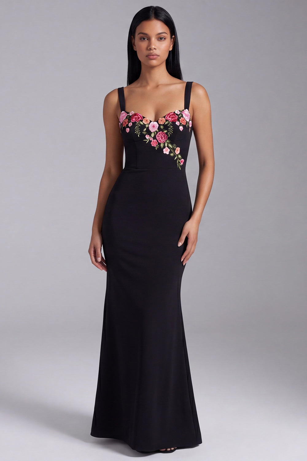 Mermaid Black Thick Straps Floral Maxi Beach Wedding Guest Dress
