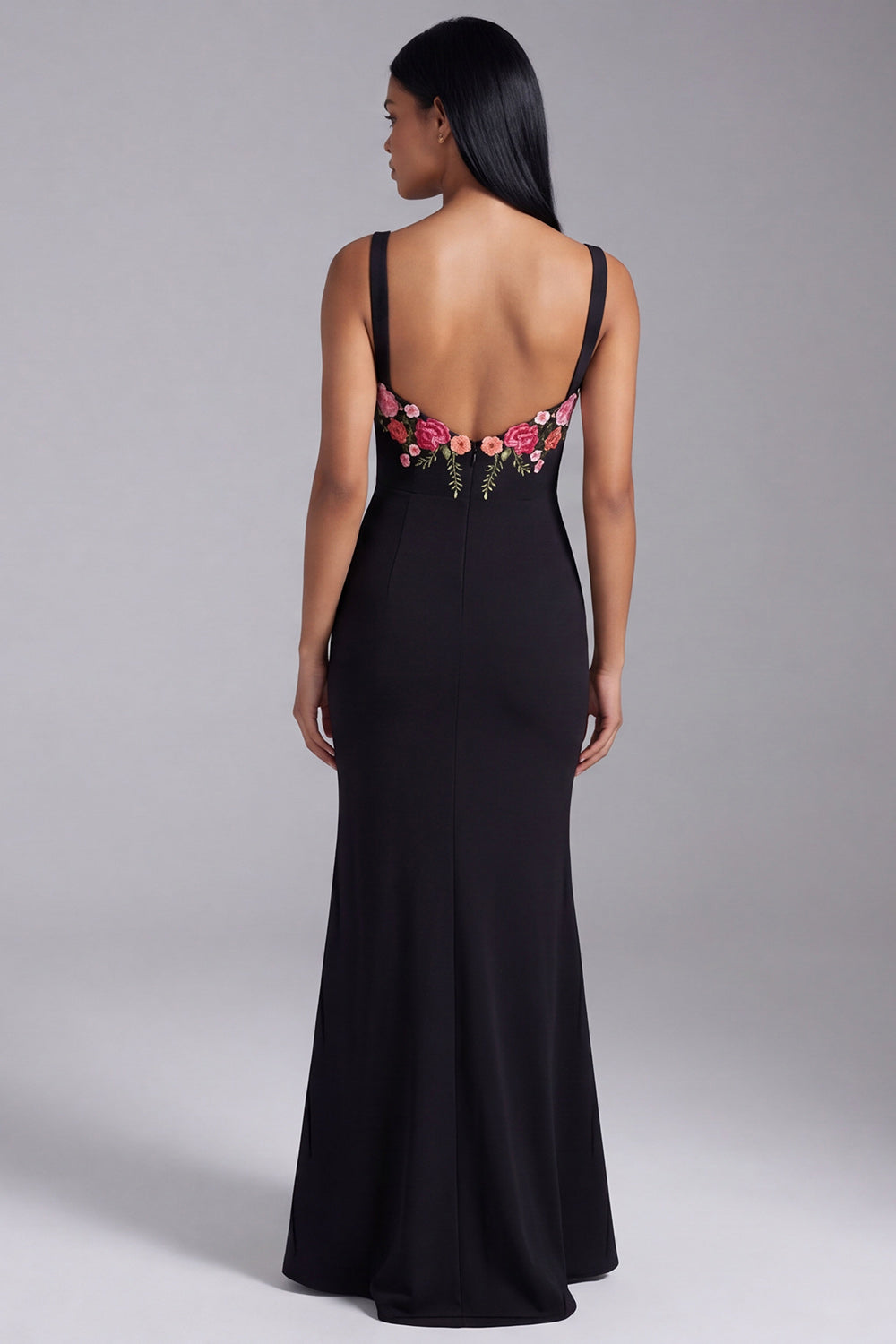Mermaid Black Thick Straps Floral Maxi Beach Wedding Guest Dress