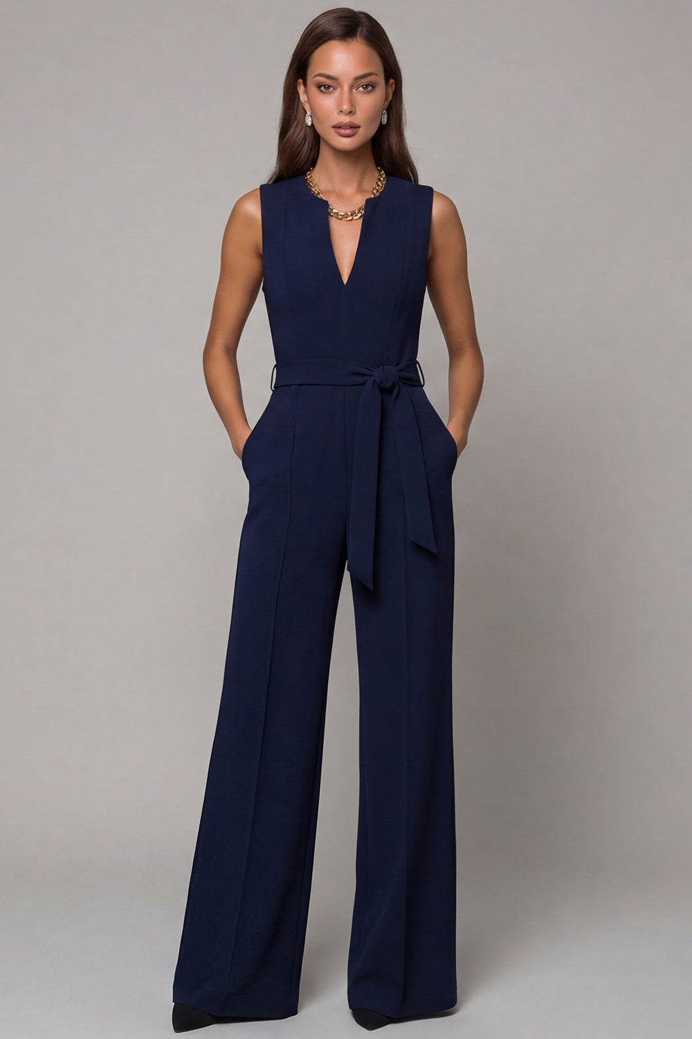 Navy Satin Sleeveless Slim Fit Work Jumpsuits with Pockets