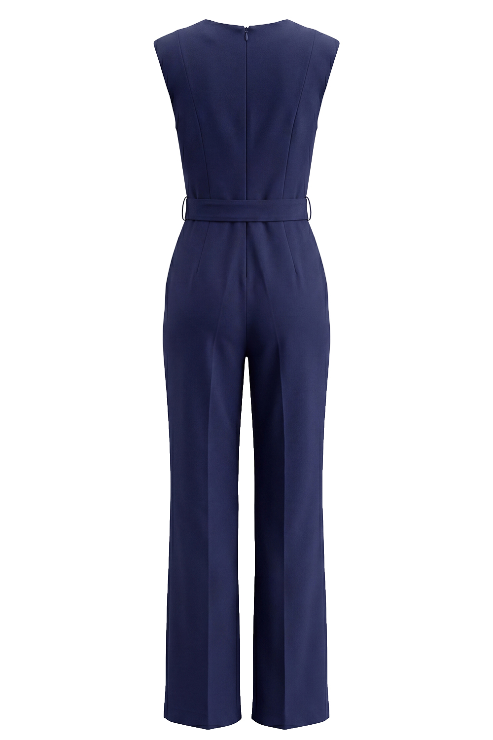 Navy Satin V Neck Slim Fit Sleeveless Work Jumpsuits with Pockets