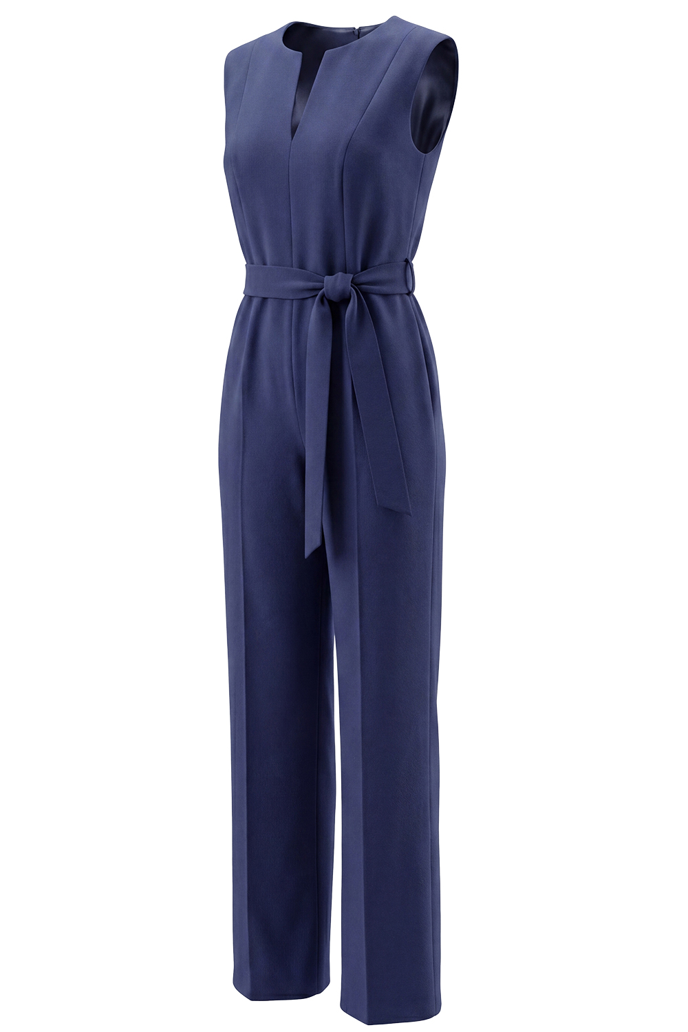 Navy Satin V Neck Slim Fit Sleeveless Work Jumpsuits with Pockets