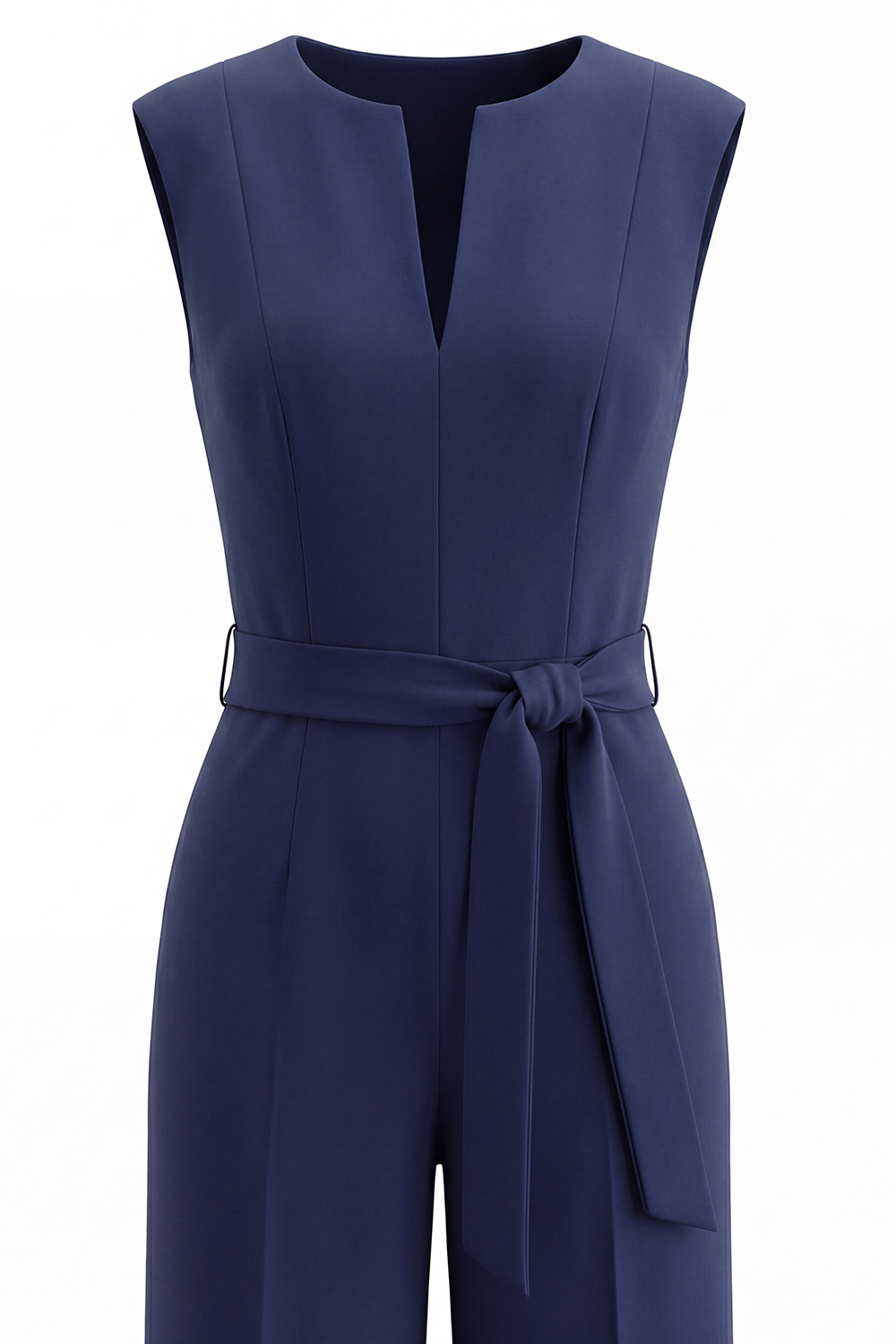 Navy Satin V Neck Slim Fit Sleeveless Work Jumpsuits with Pockets