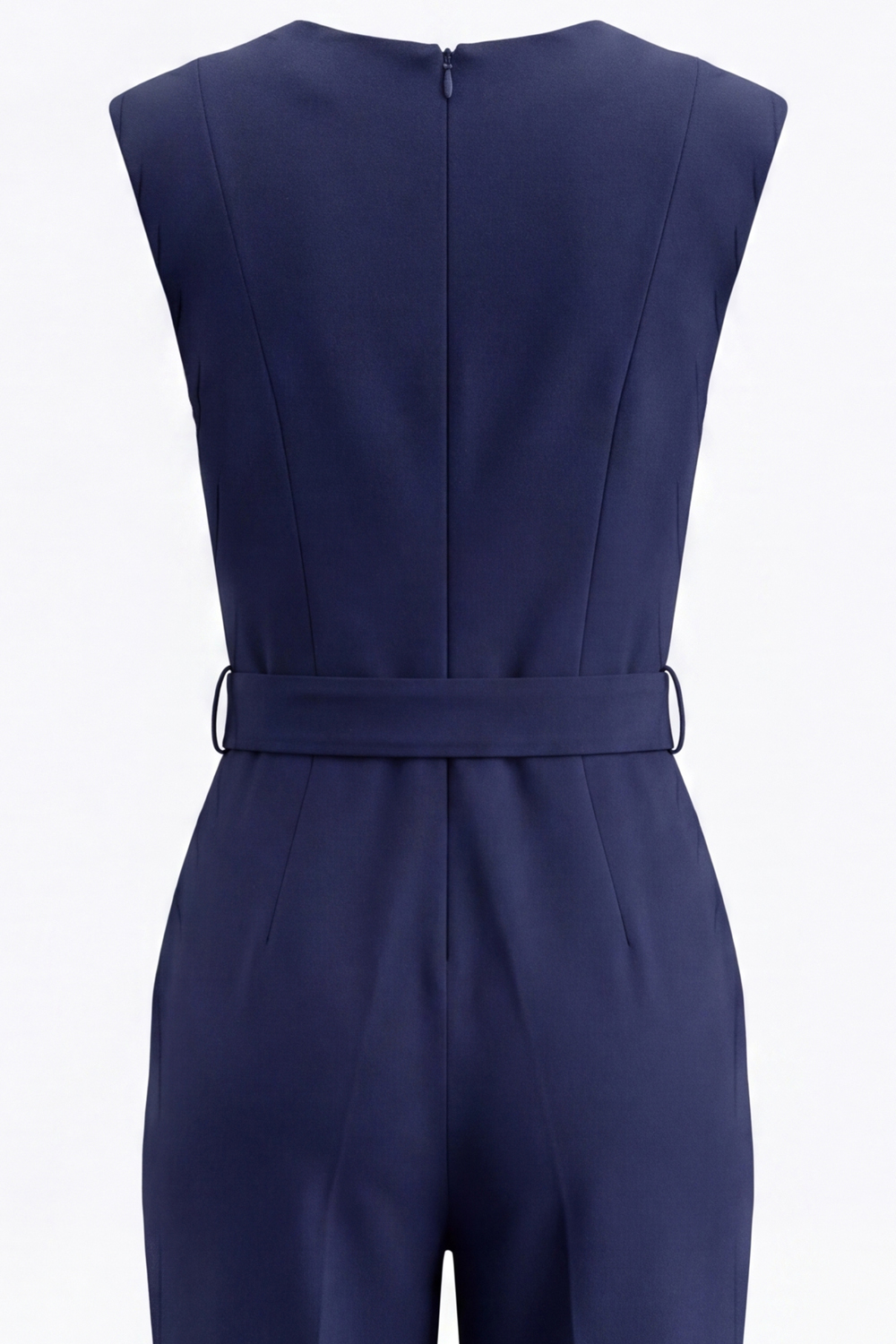 Navy Satin V Neck Slim Fit Sleeveless Work Jumpsuits with Pockets