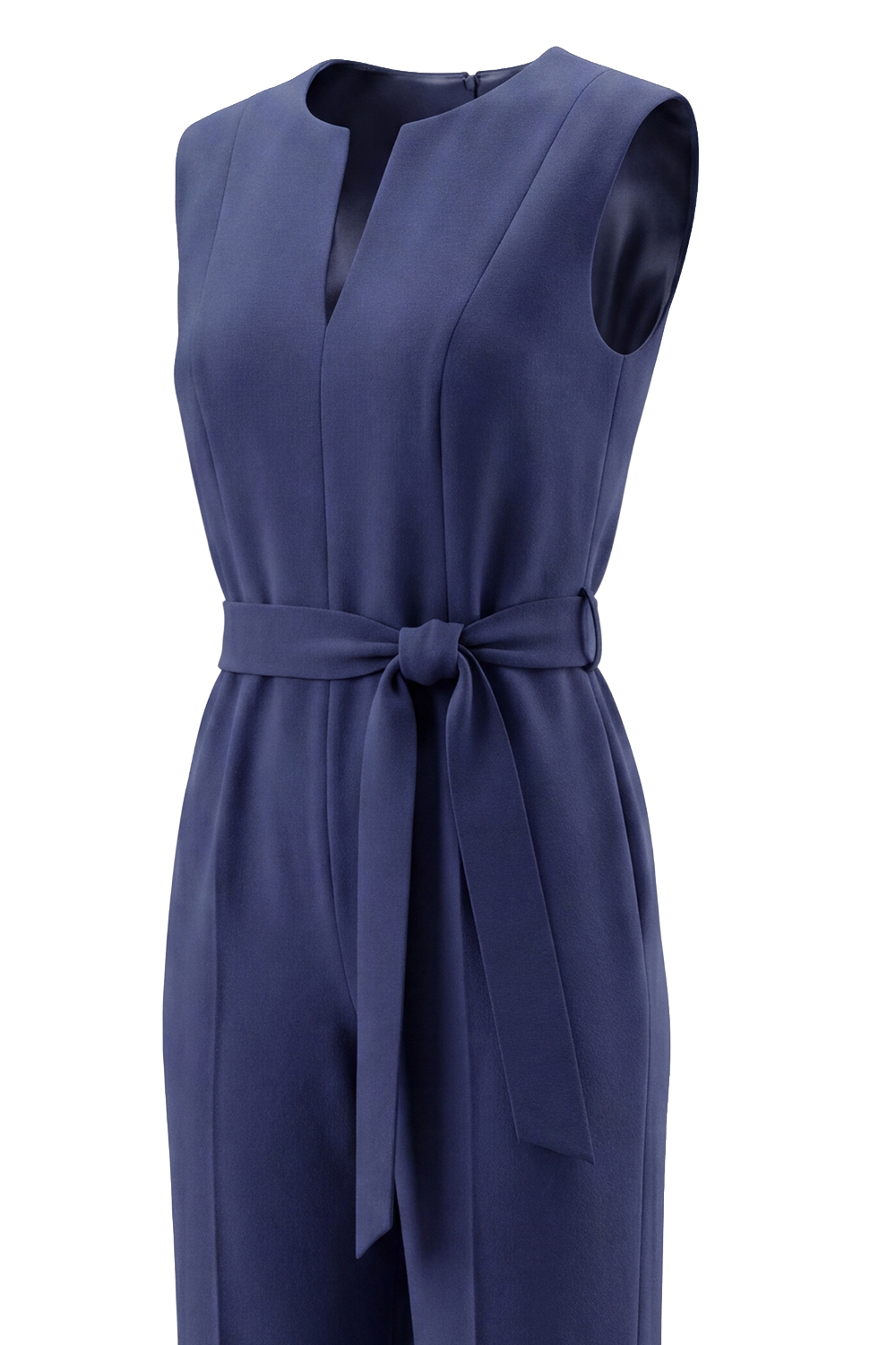 Navy Satin V Neck Slim Fit Sleeveless Work Jumpsuits with Pockets