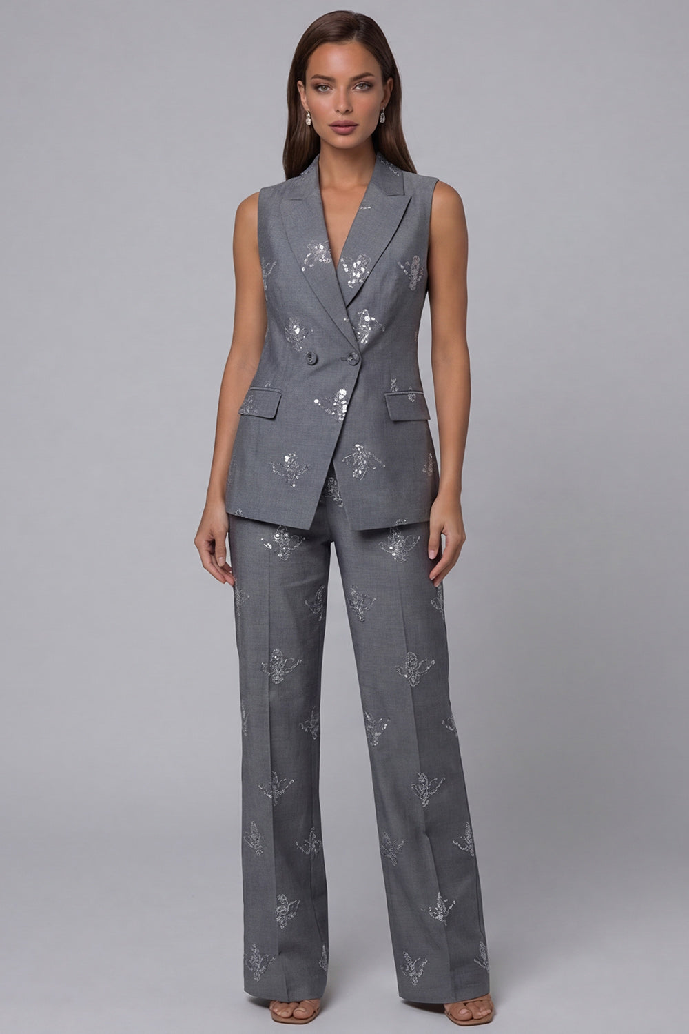 Sparkly Peak Lapel Dark Grey 2 Piece Double Breasted Business Suits