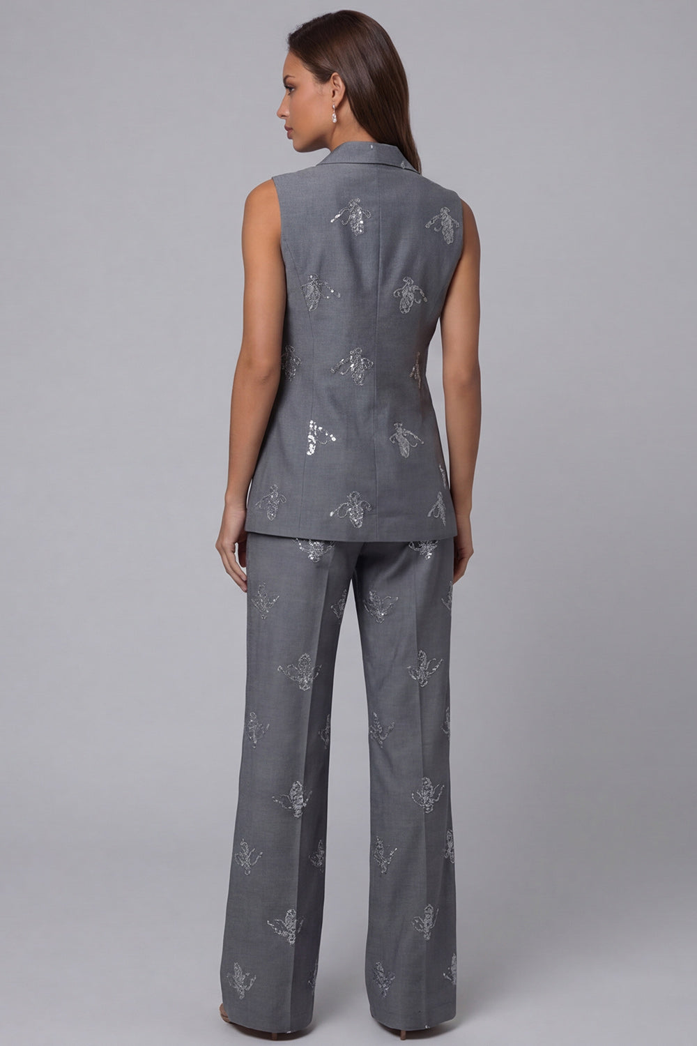 Sparkly Peak Lapel Dark Grey 2 Piece Double Breasted Business Suits