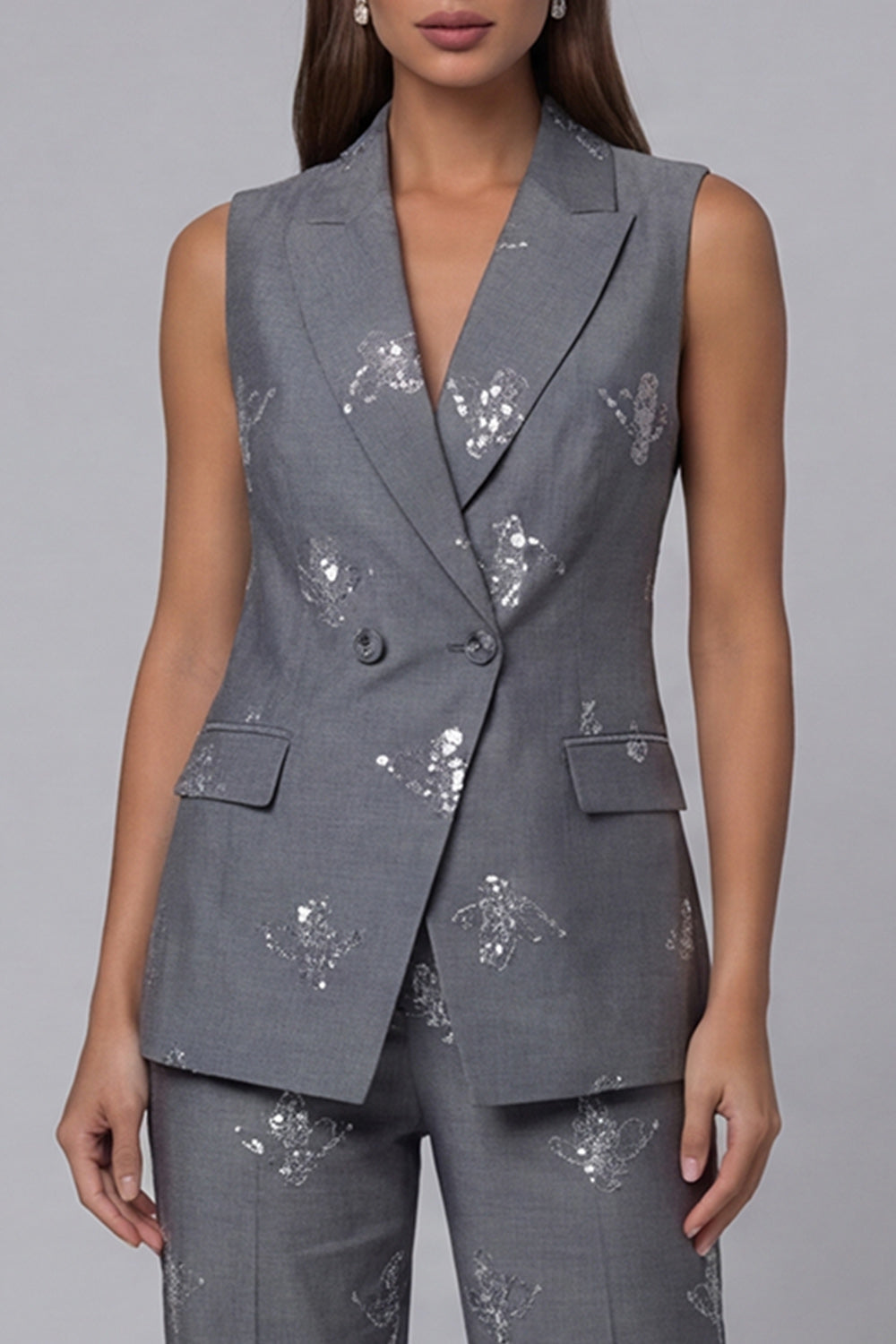 Sparkly Peak Lapel Dark Grey 2 Piece Double Breasted Business Suits