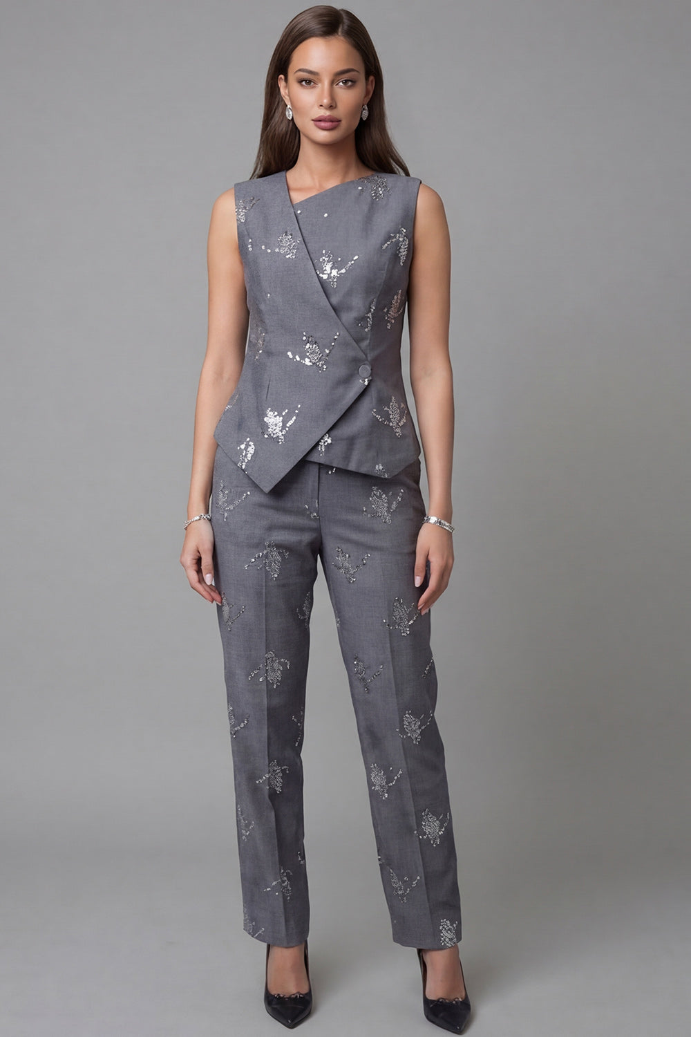 Sparkly Dark Grey Single Breasted 2 Piece Business Suits with Sequins