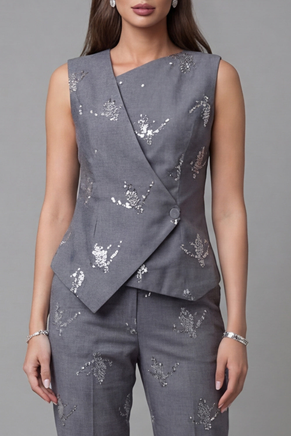 Sparkly Dark Grey Single Breasted 2 Piece Business Suits with Sequins