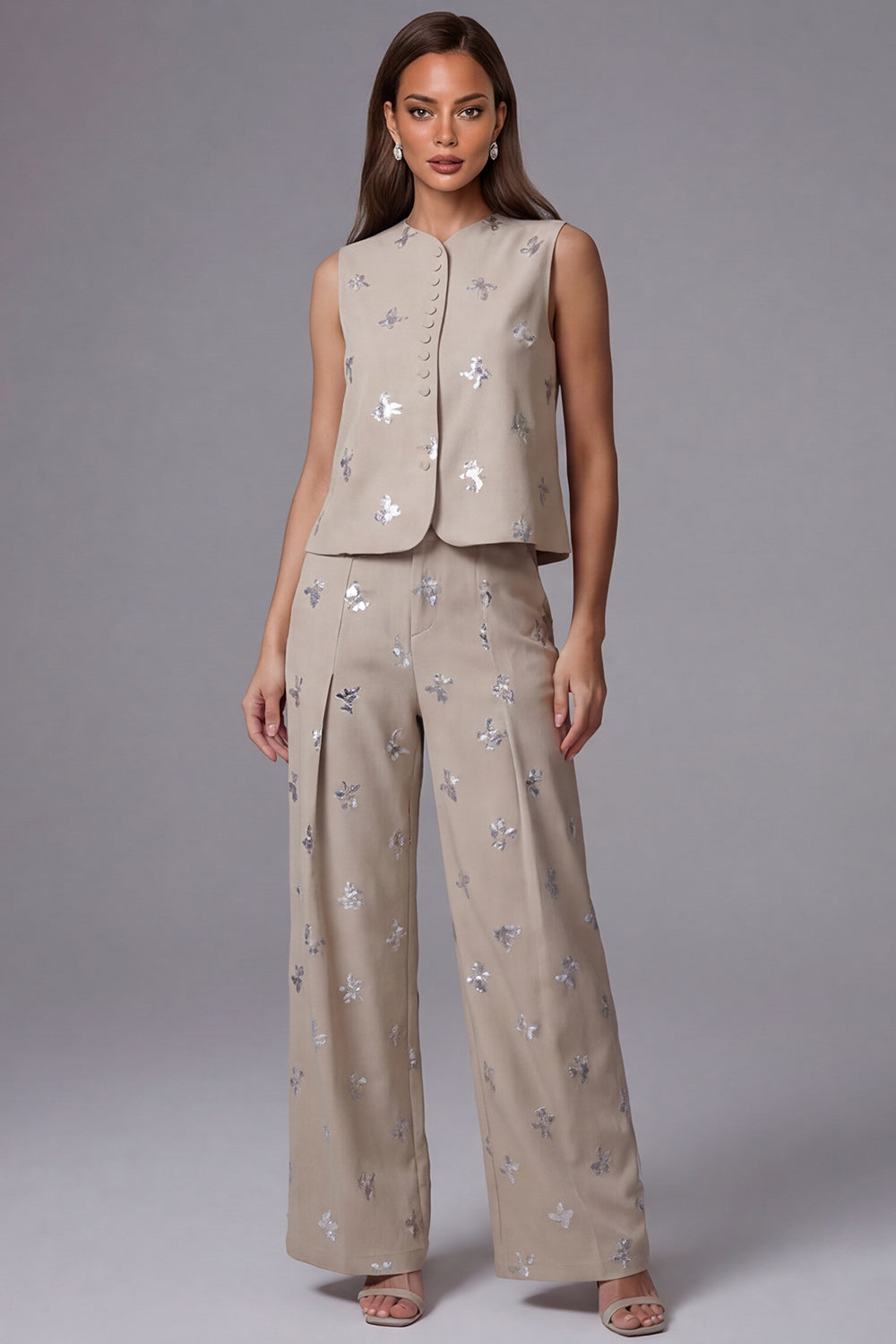 Sparkly Khaki 2 Piece Single Breasted Sleeveless Business Suits