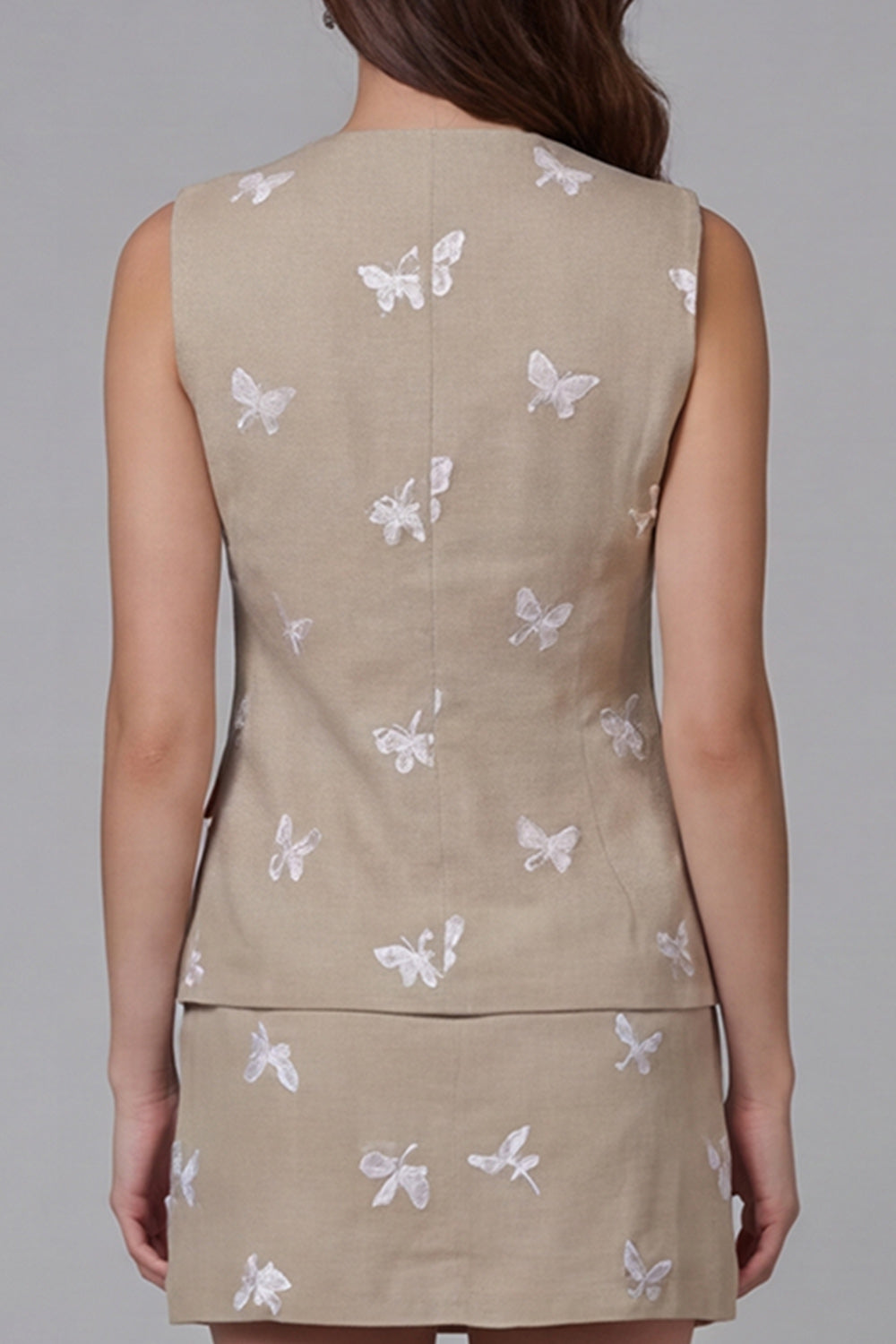 2 Piece Khaki Single Breasted Butterflies Sleeveless Business Suits