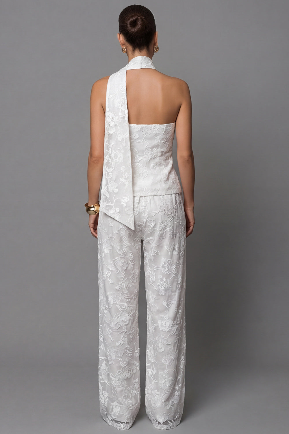 2 Piece Ivory Single Breasted Floral Sleeveless Business Suits