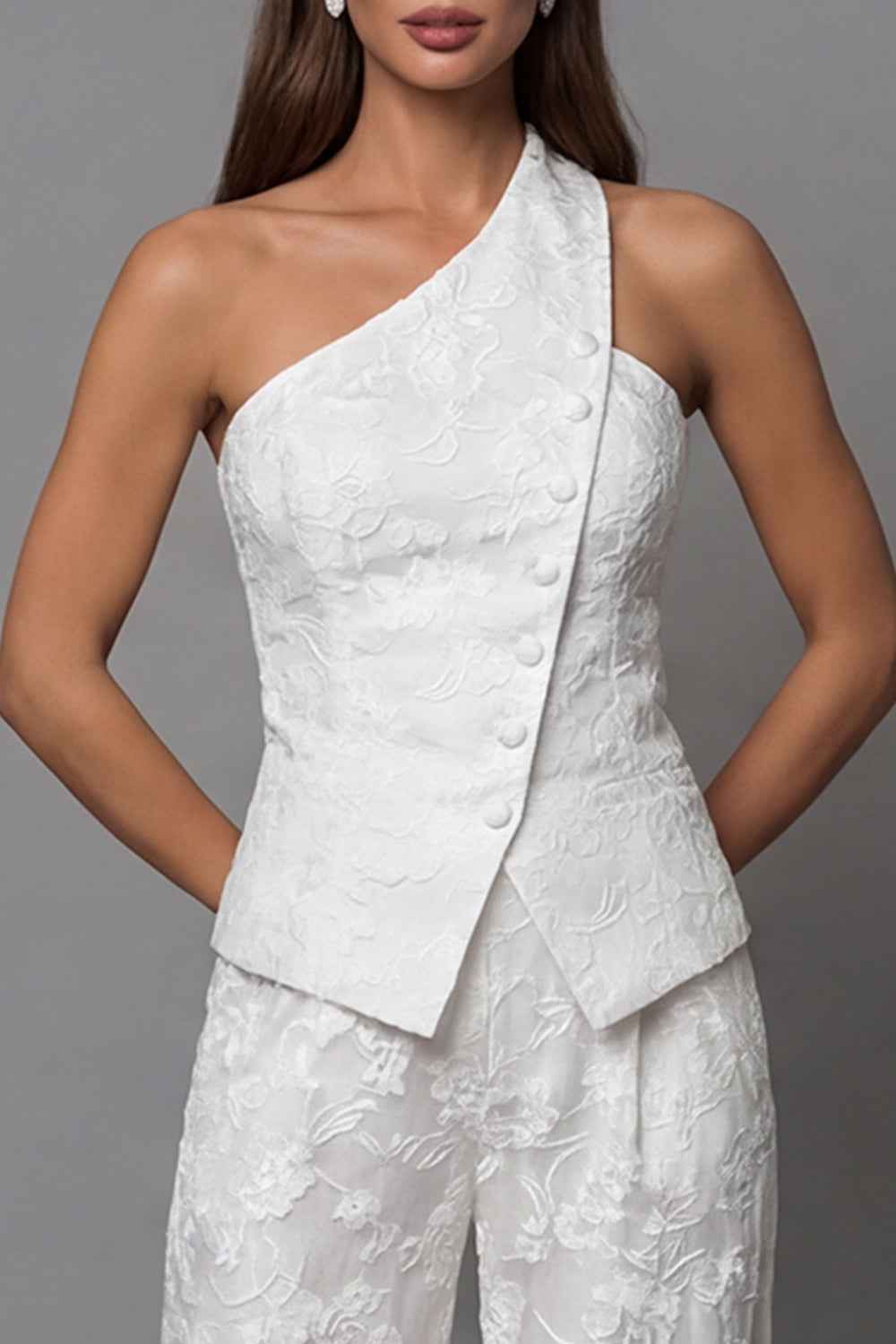 2 Piece Ivory Single Breasted Floral Sleeveless Business Suits