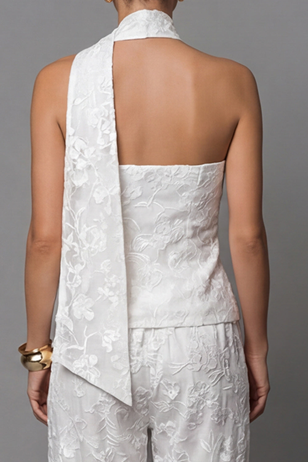 2 Piece Ivory Single Breasted Floral Sleeveless Business Suits