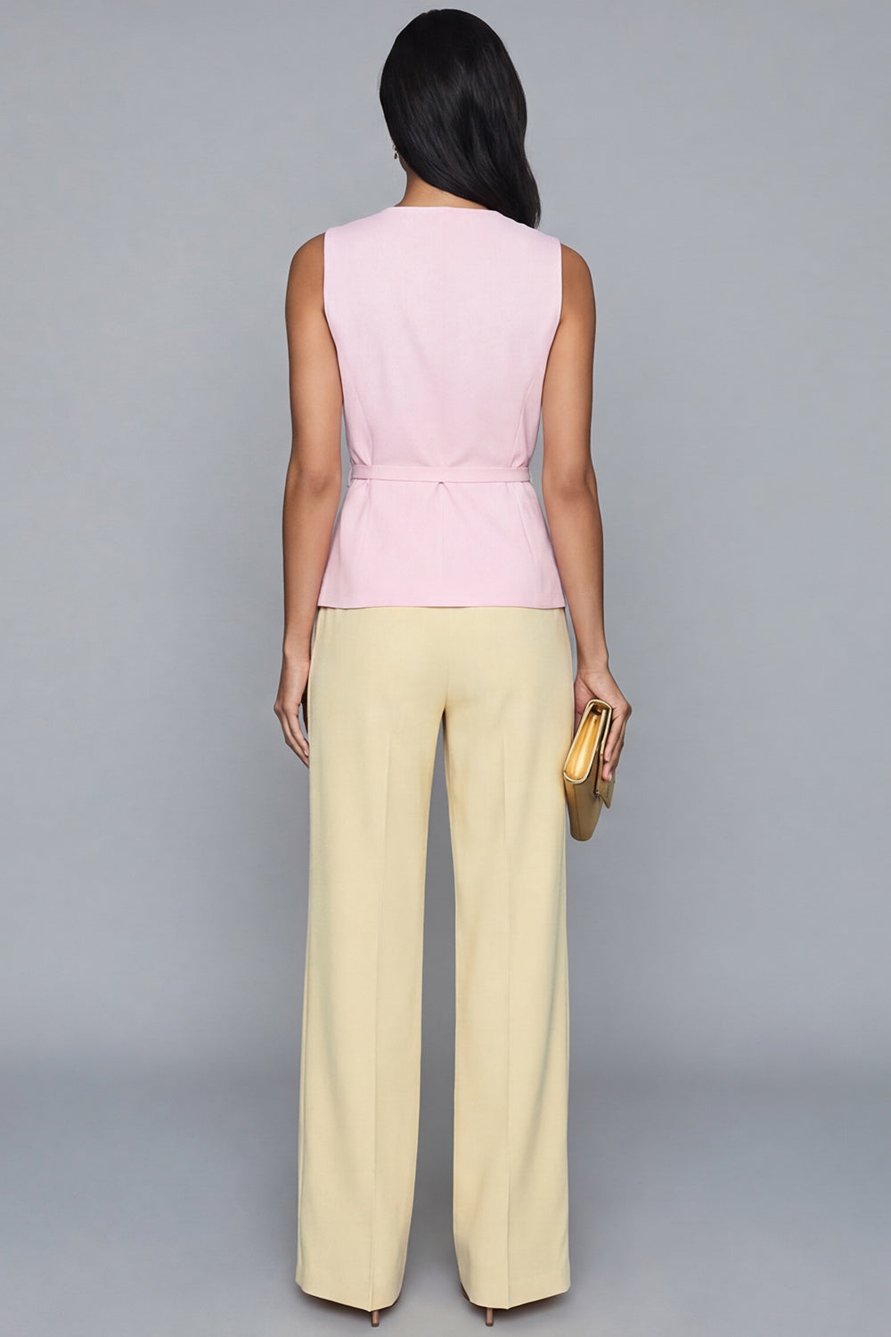 Pink and Butter Yellow 2 Piece V Neck Patchwork Business Suits with Sash