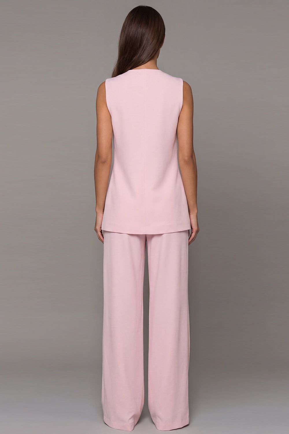 Pink 2 Piece V Neck Wide Leg Business Suits with Sash