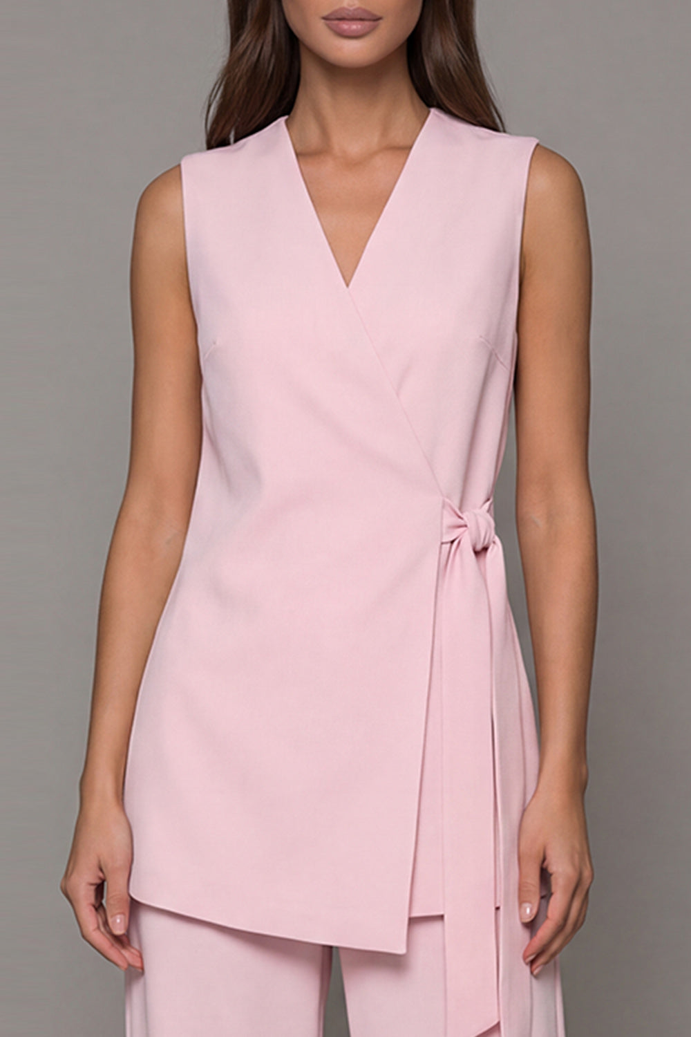 Pink 2 Piece V Neck Wide Leg Business Suits with Sash