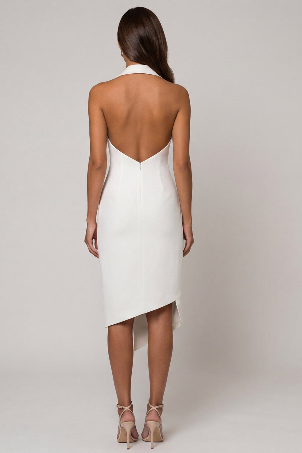 White Halter Double Breasted Backless Slim Fit Midi Blazer Dress