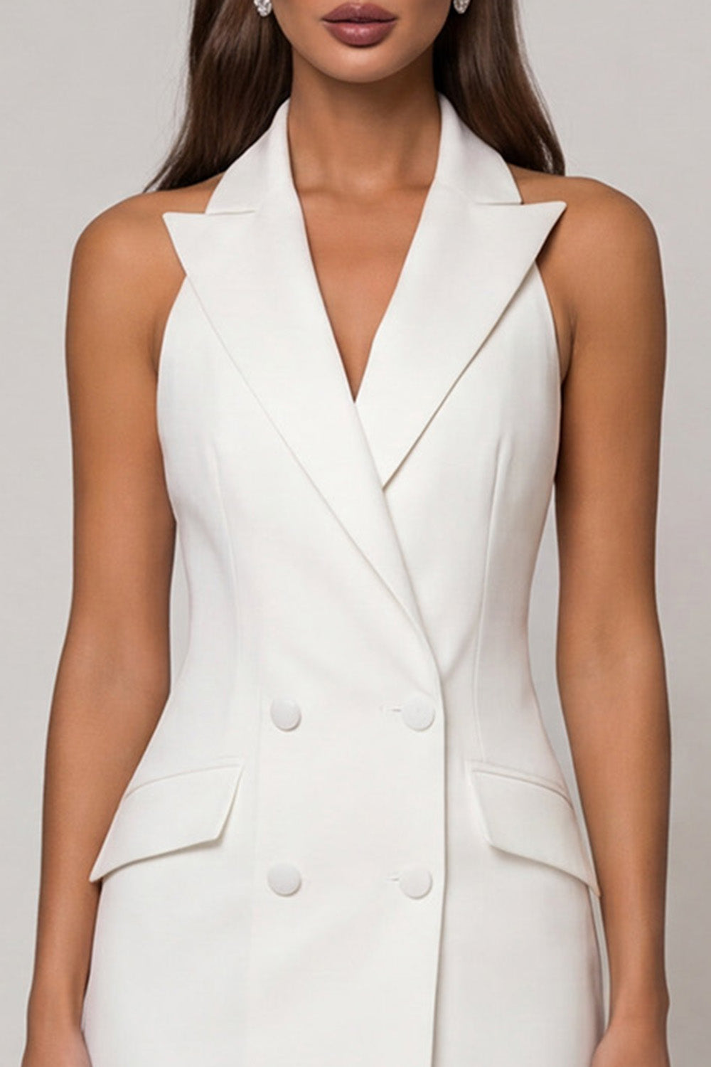 White Halter Double Breasted Backless Slim Fit Midi Blazer Dress