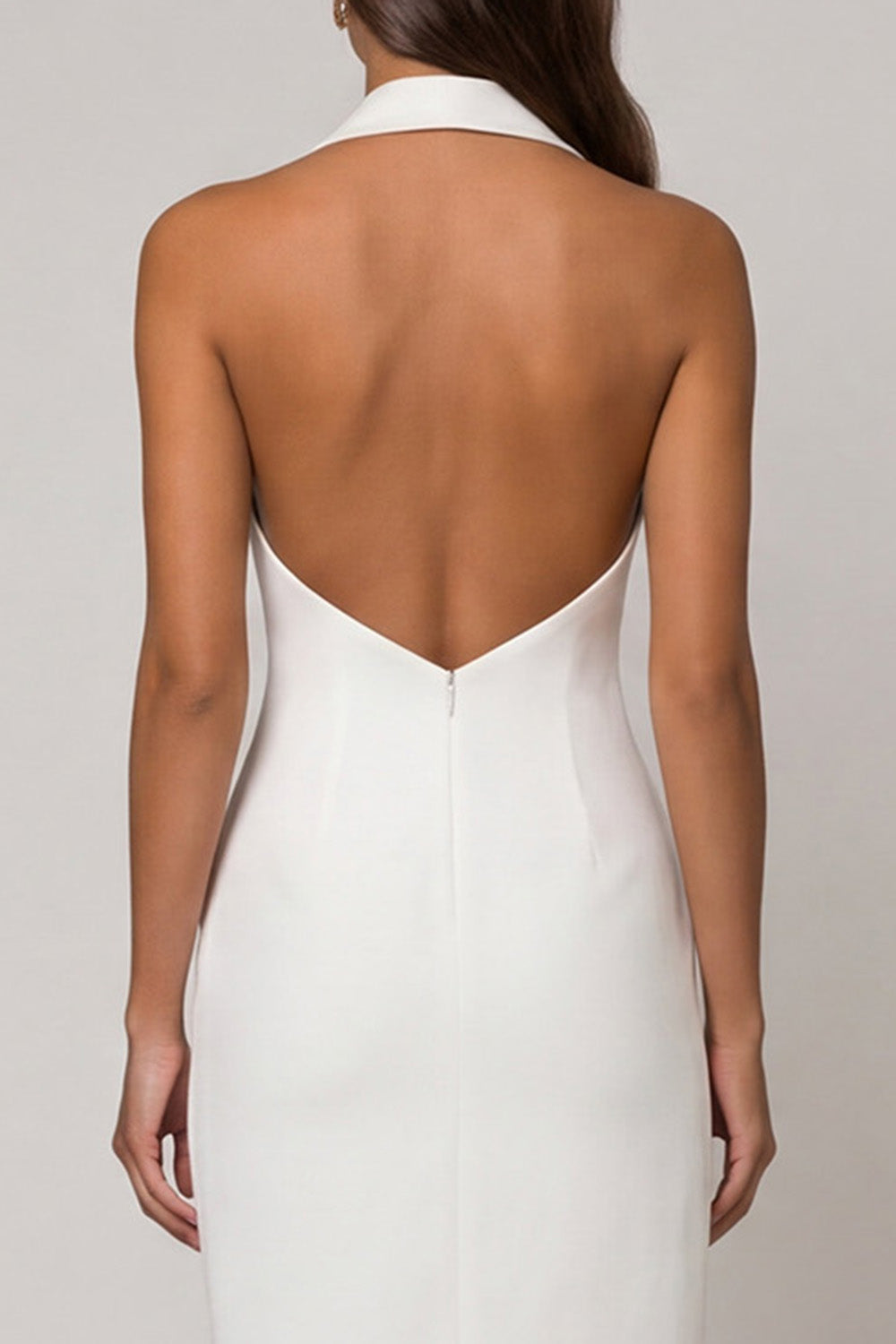 White Halter Double Breasted Backless Slim Fit Midi Blazer Dress