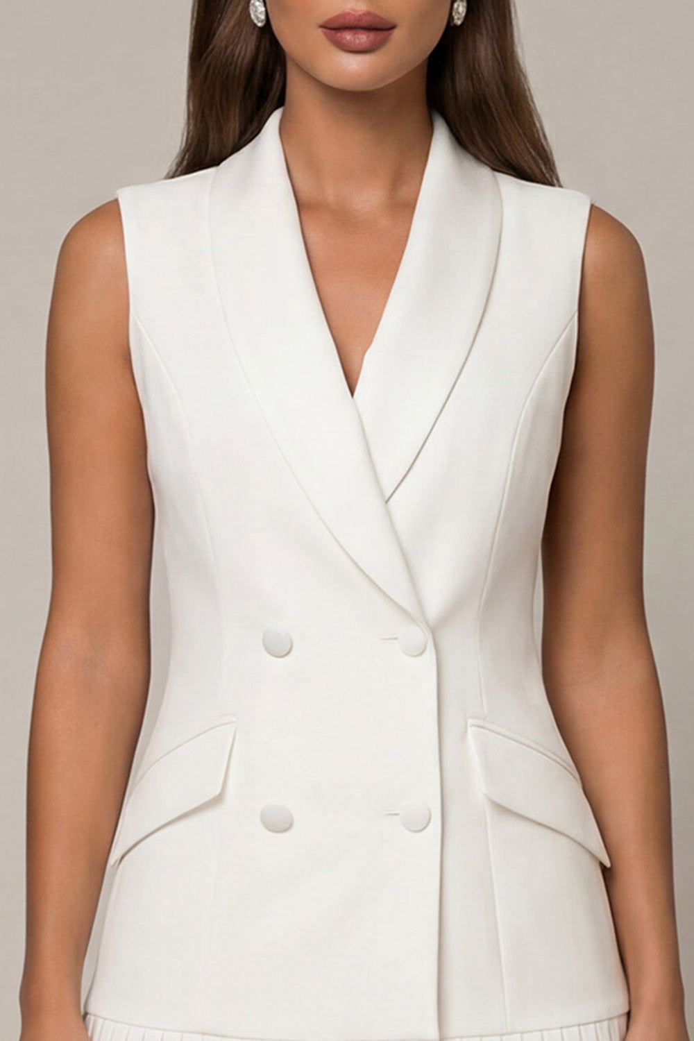 White Shawl Lapel Double Breasted Mini Blazer Dress with Pleats