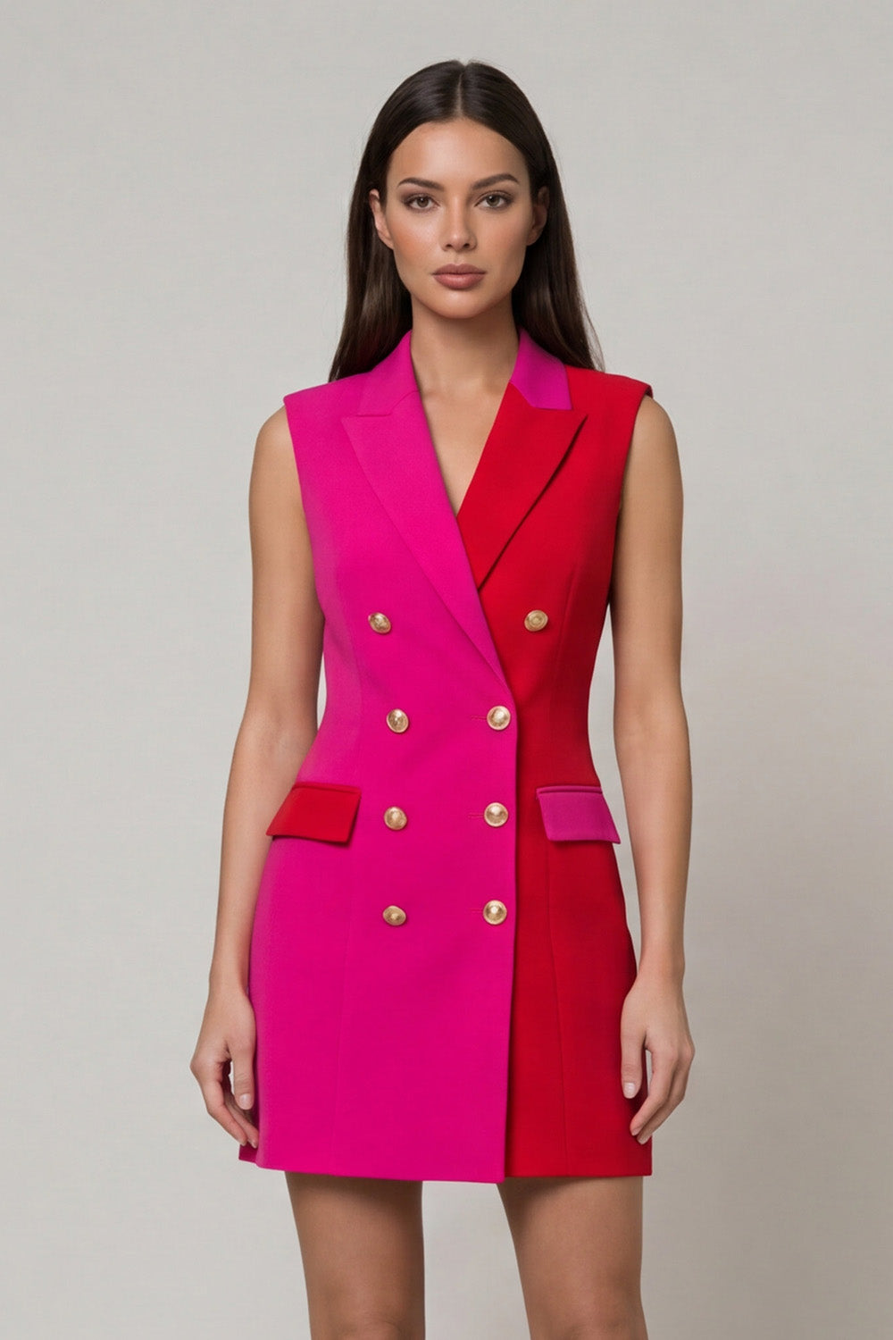 Fuchsia and Red Patchwork Double Breasted Peak Lapel Short Blazer Dress