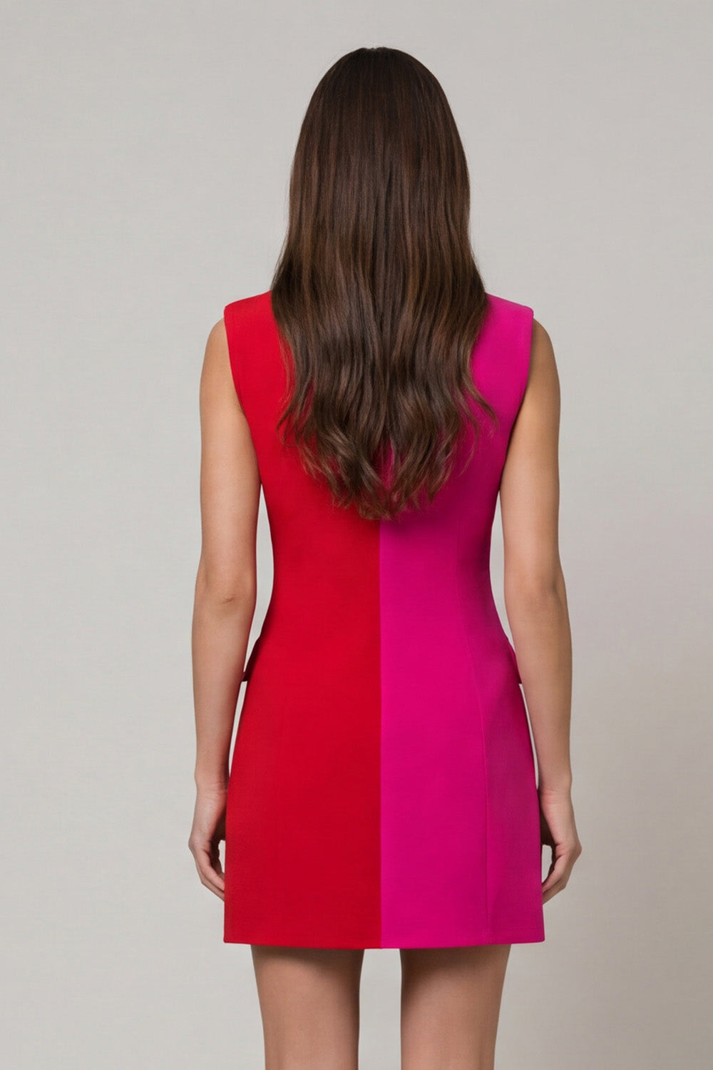 Fuchsia and Red Patchwork Double Breasted Peak Lapel Short Blazer Dress