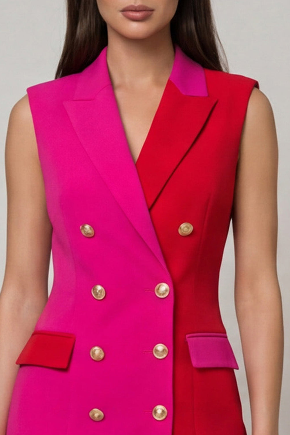 Fuchsia and Red Patchwork Double Breasted Peak Lapel Short Blazer Dress