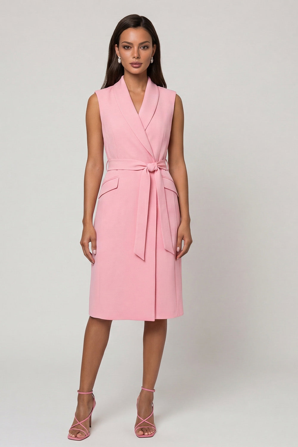 Pink Shawl Lapel Sleeveless Midi Work Dress with Sash