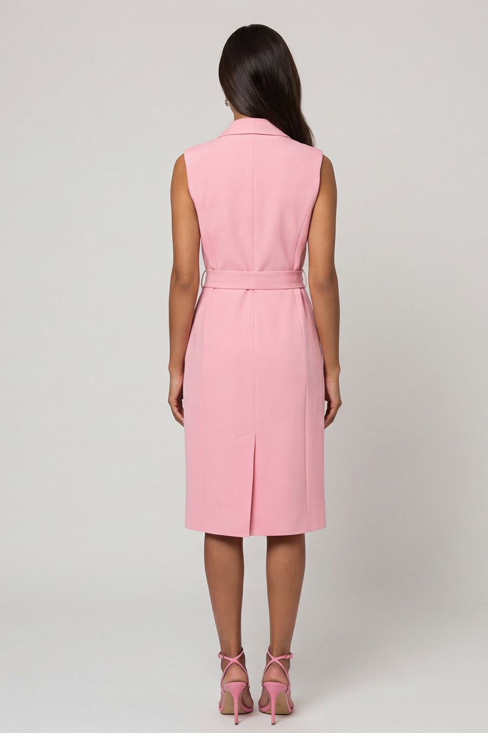 Pink Shawl Lapel Sleeveless Midi Work Dress with Sash