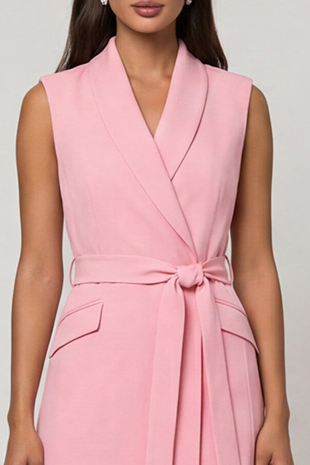 Pink Shawl Lapel Sleeveless Midi Work Dress with Sash