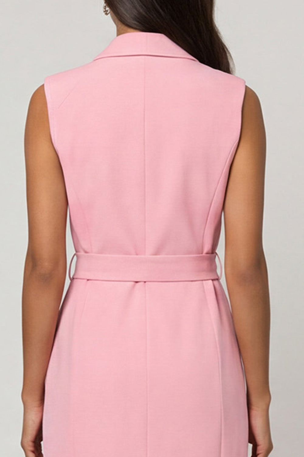 Pink Shawl Lapel Sleeveless Midi Work Dress with Sash