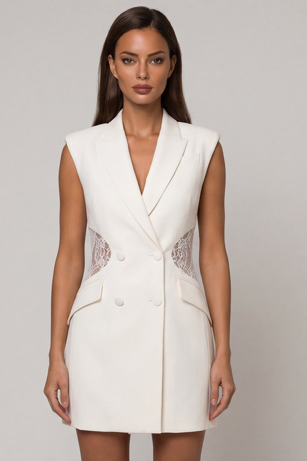 White Pencil Double Breasted Peak Lapel Mini Blazer Dress with Lace