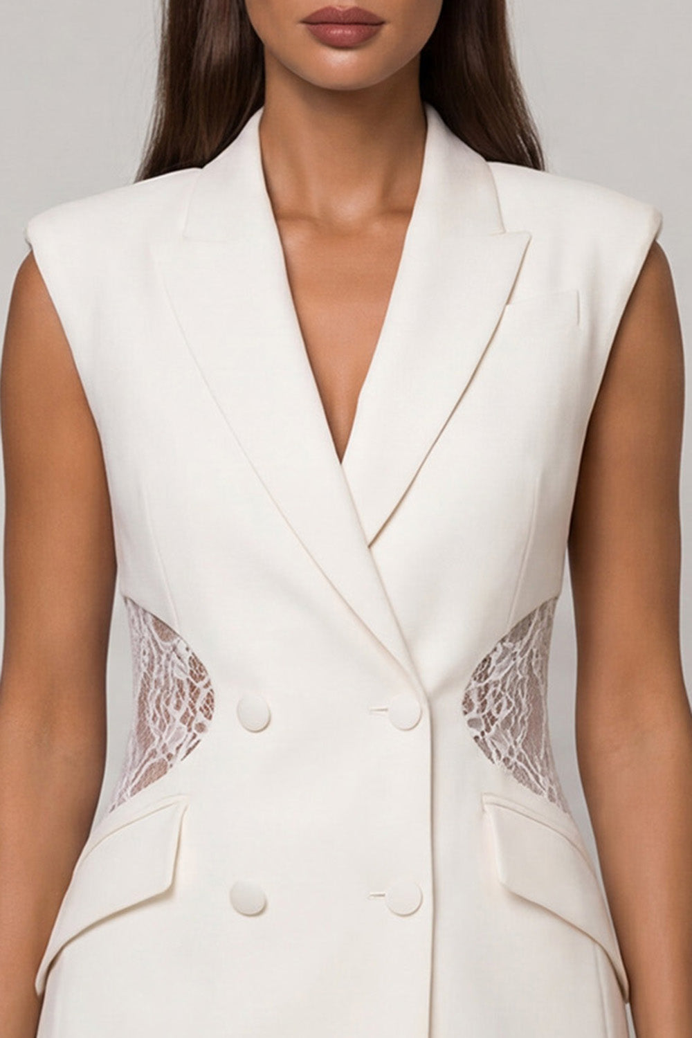 White Pencil Double Breasted Peak Lapel Mini Blazer Dress with Lace